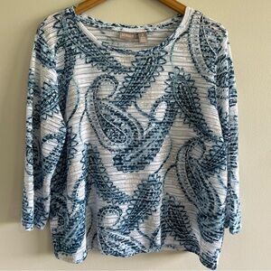 Chico's Women's Paisley Print 3/4 Length Sleeve Blouse Blue/White Size 2